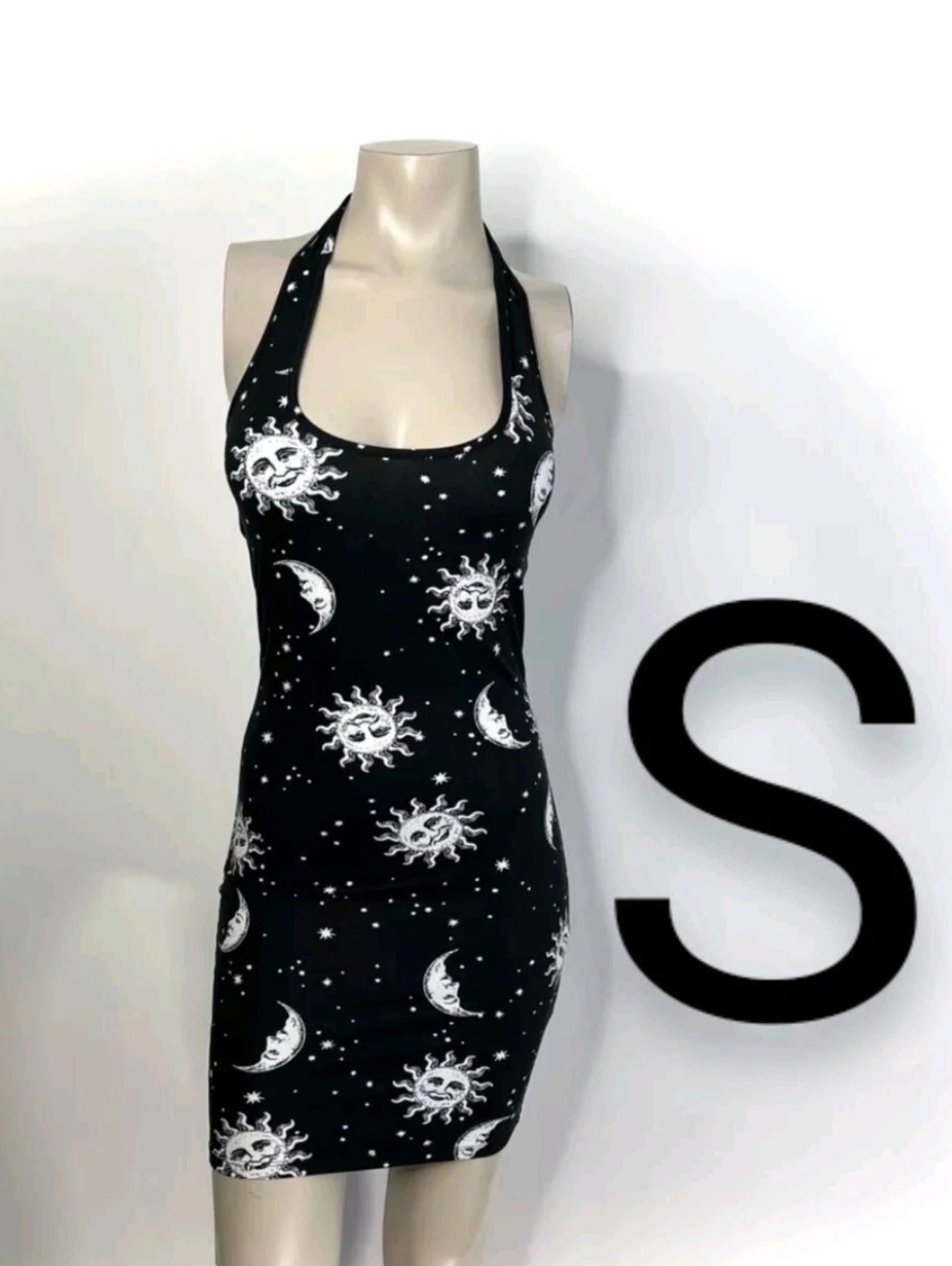 🆕Black & White Sun & Moon Print Halter Mini Dress~Size S